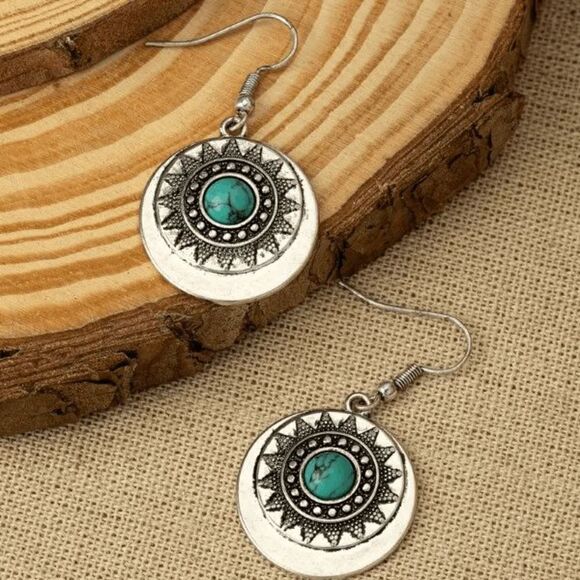 Boho Aztec Western Sun Round Turquoise Dangle Earrings - Picture 3 of 5